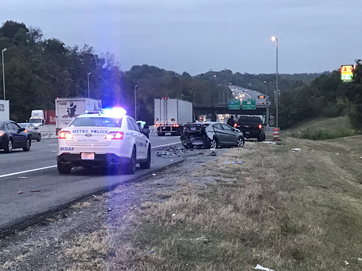 Down to just one lane blocked on I-24 W between Harding Pl and Briley Pkwy for a three car wreck. Two ambulances left the scene with people inside, but the injuries aren't considered serious 