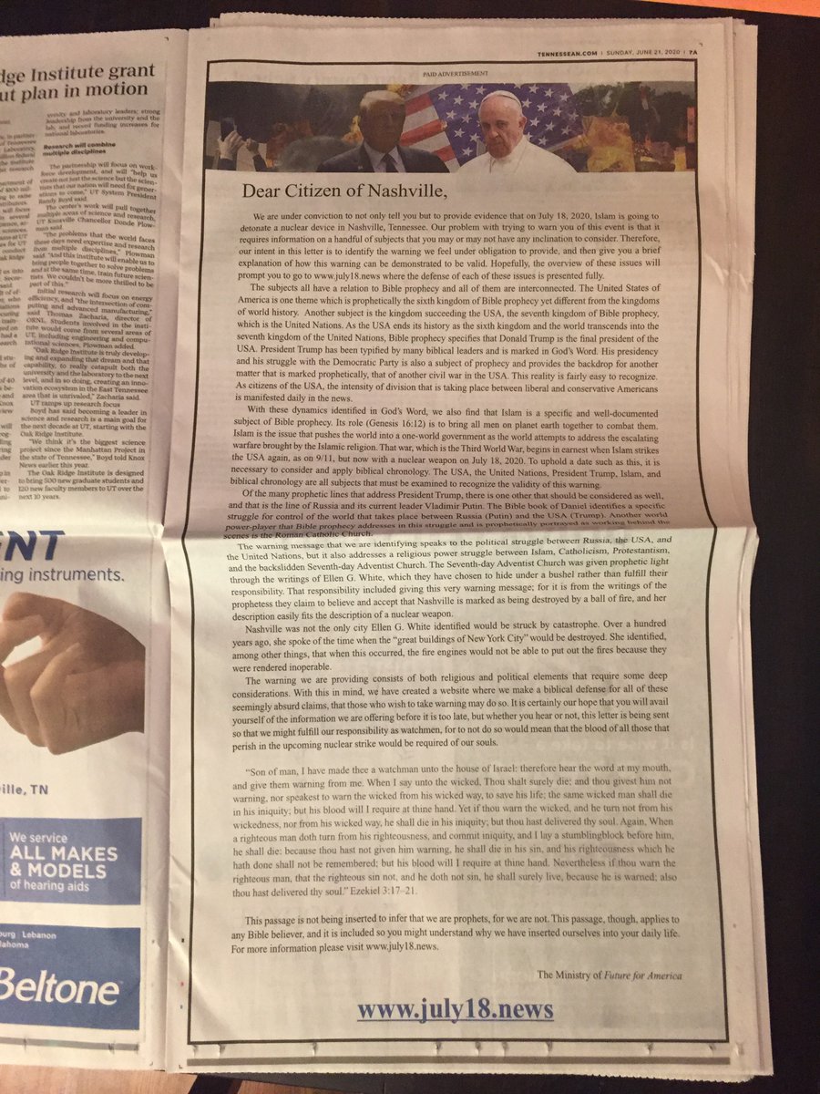 This morning, the Nashville @Tennessean — the largest newspaper in the state — published a full-page ad from a far-right client warning Islam is going to detonate a nuclear device in Nashville, Tennessee. It's accompanied by photos of Donald Trump and Pope Francis