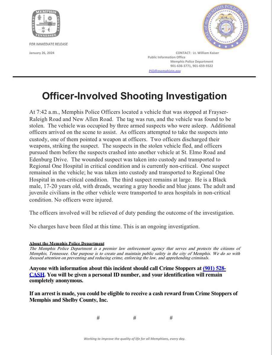 Officer-Involved Shooting Investigation Frayser-Raleigh Rd & New Allen Rd Memphis, Tennessee