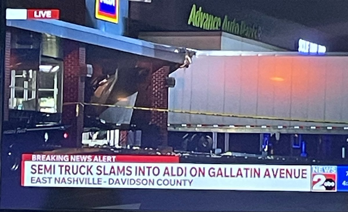 A semi-truck crashes into the Aldi grocery store in East Nashville on Gallatin Pike.
